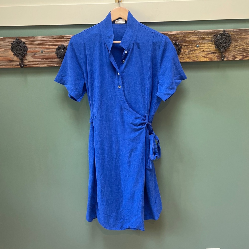 Poetry Cobalt Blue Linen Blend Short Sleeve Wrap Dress US 8 RB32